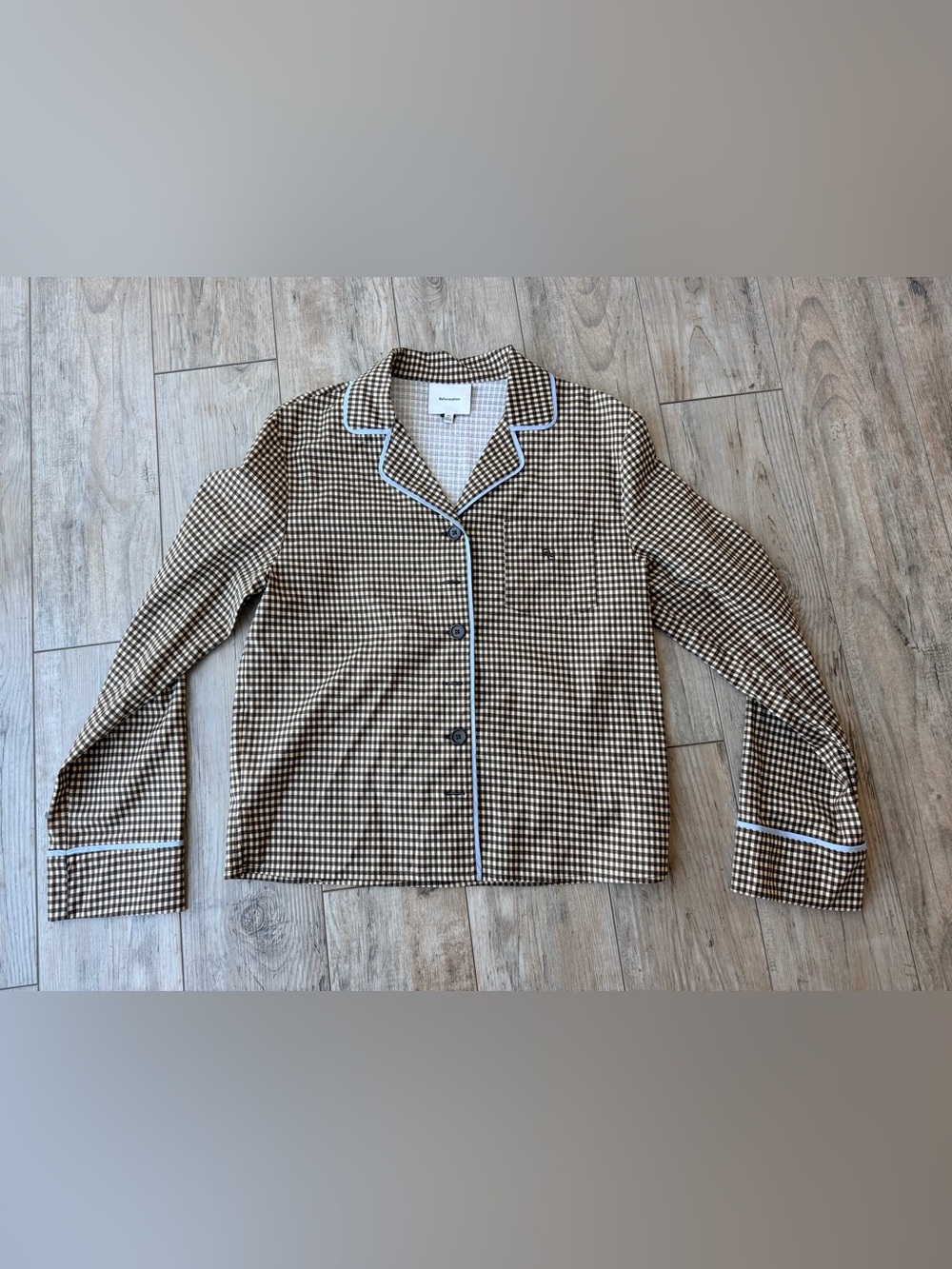 Reformation Natural Coco Brown Check Print Pajama Top Shirt XS